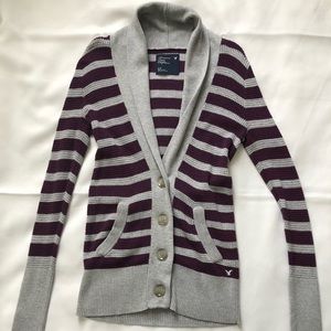 American Eagle Gray & Plum Striped Cardigan